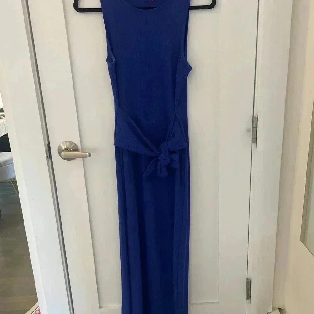 Women's Blue Tie Waist Rib Knit Midi Dress